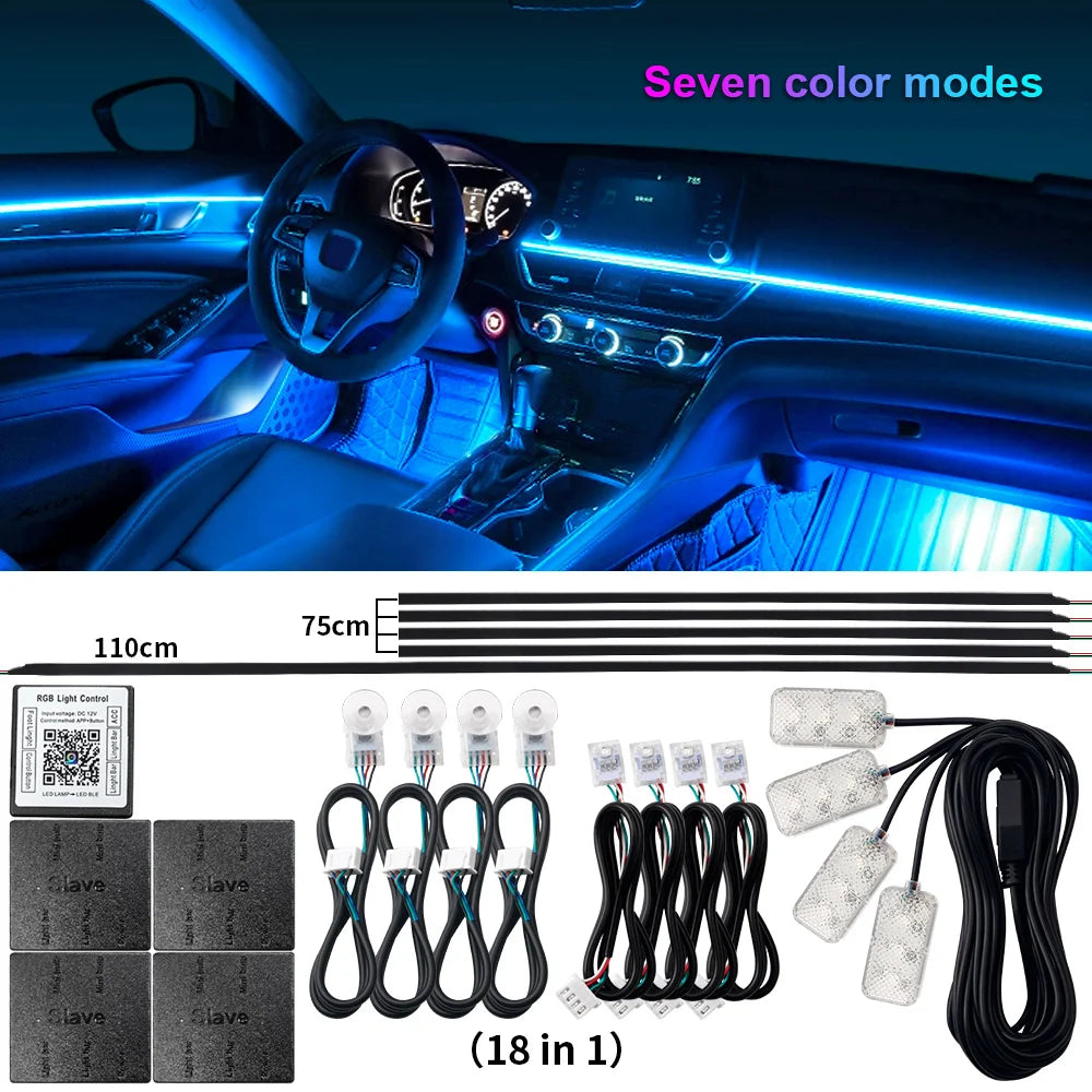18-in-1 Dual-Zone RGB LED Car Interior Ambient Light Kit – App Controlled