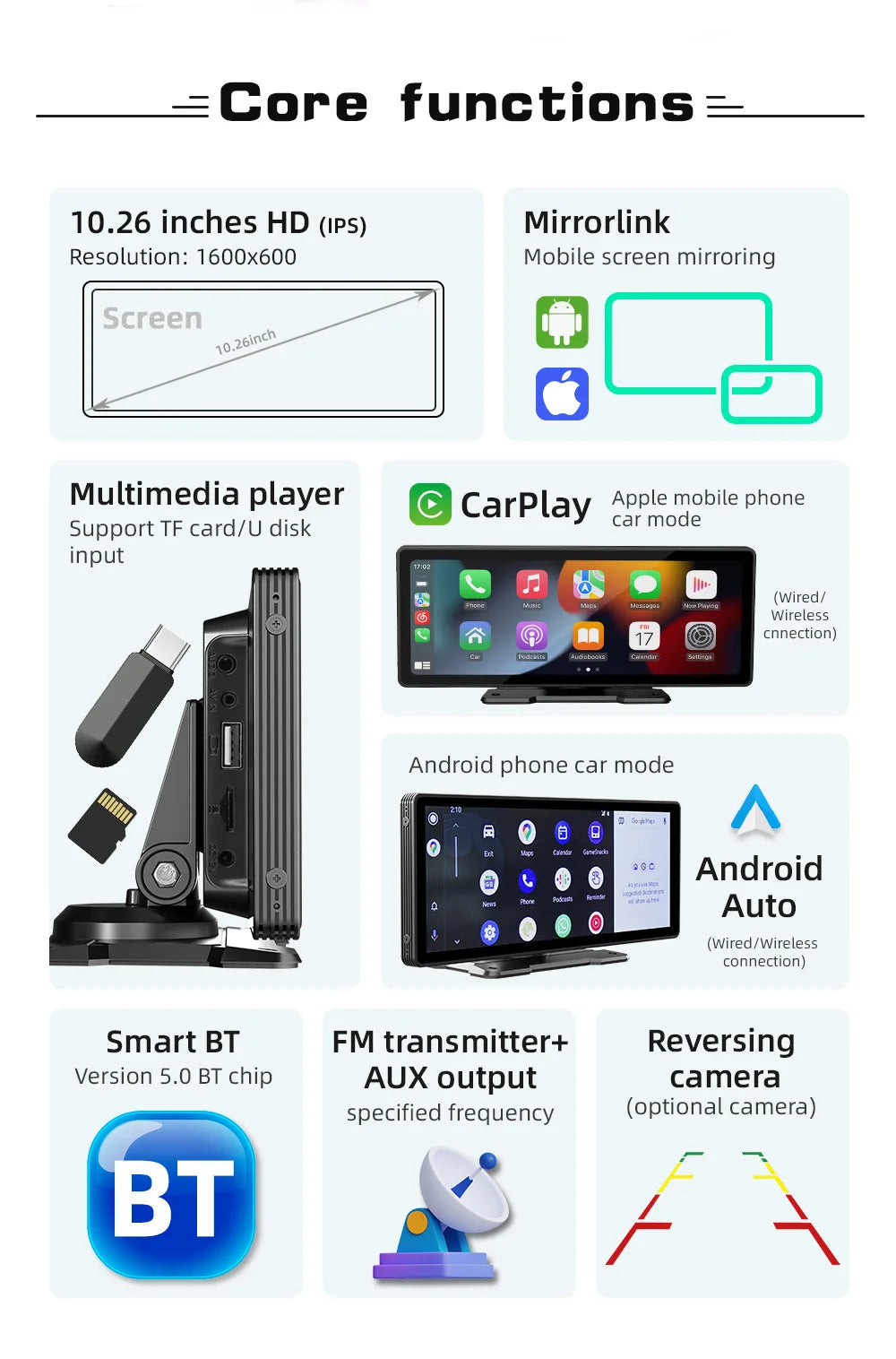 BQCC 10.26” Universal Car Multimedia Screen with Wireless CarPlay & Android Support