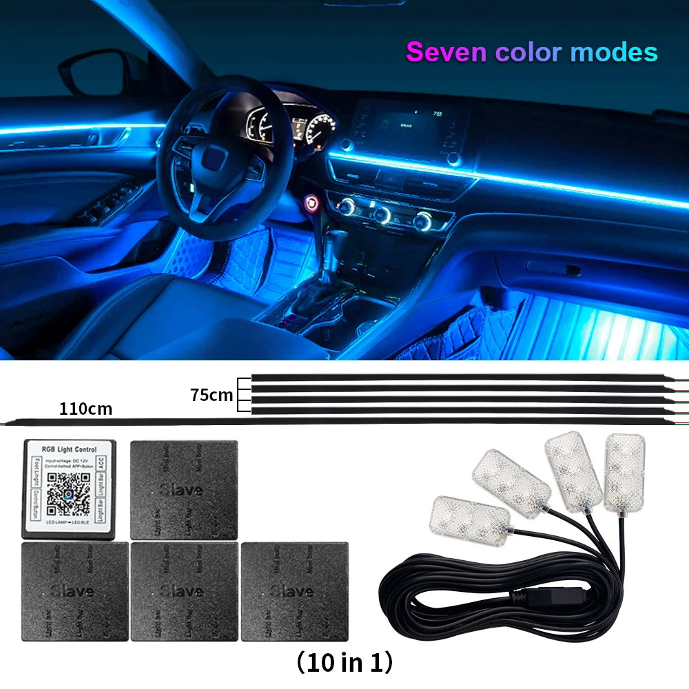 18-in-1 Dual-Zone RGB LED Car Interior Ambient Light Kit – App Controlled
