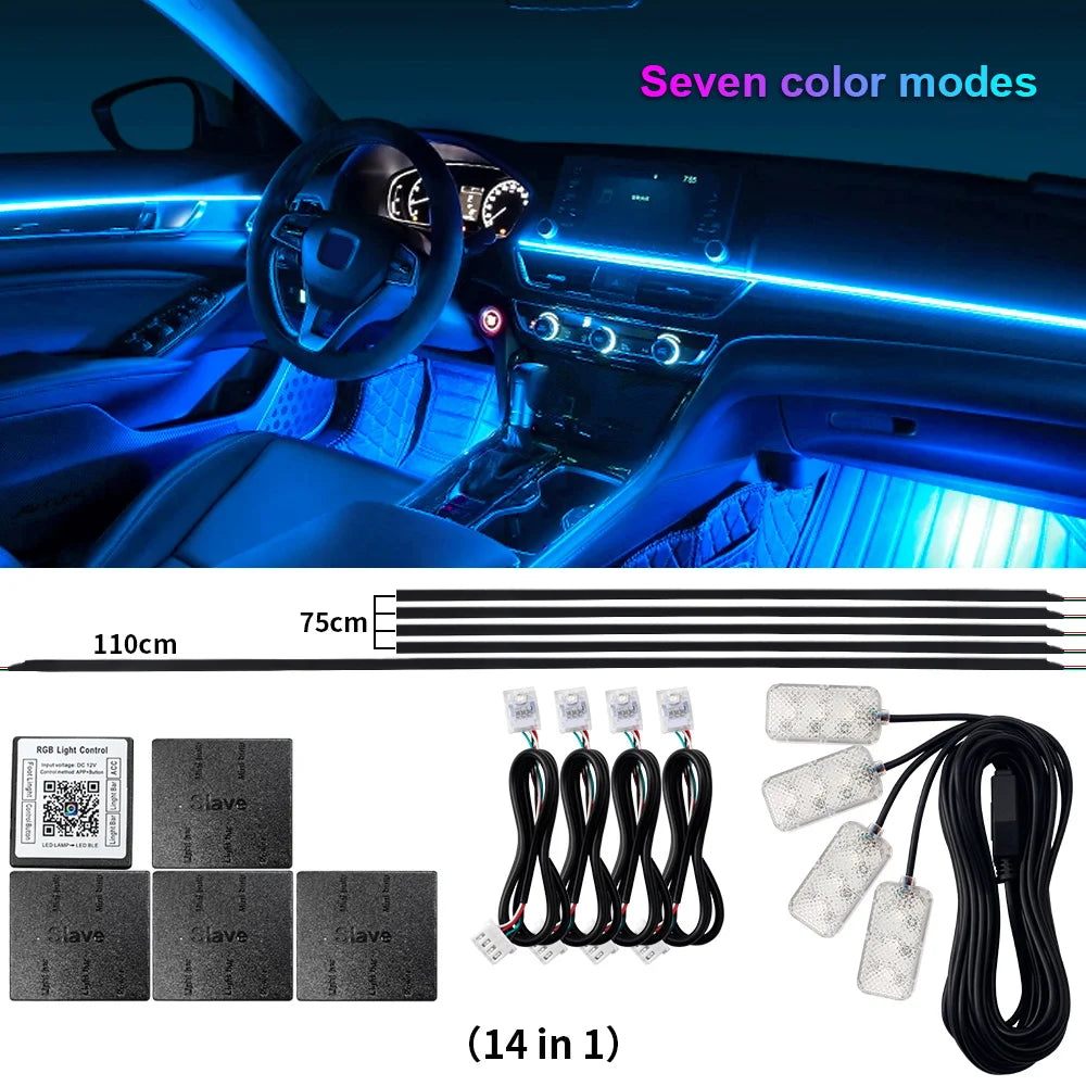 18-in-1 Dual-Zone RGB LED Car Interior Ambient Light Kit – App Controlled