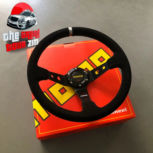 JDM 14” Universal Suede Racing Steering Wheel – MOMO Style for VW, Honda, Toyota, BMW, Nissan