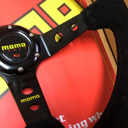 JDM 14” Universal Suede Racing Steering Wheel – MOMO Style for VW, Honda, Toyota, BMW, Nissan