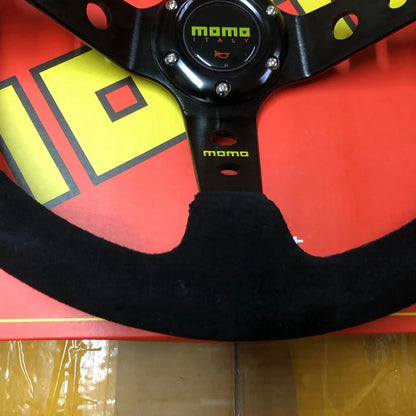 JDM 14” Universal Suede Racing Steering Wheel – MOMO Style for VW, Honda, Toyota, BMW, Nissan