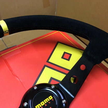 JDM 14” Universal Suede Racing Steering Wheel – MOMO Style for VW, Honda, Toyota, BMW, Nissan