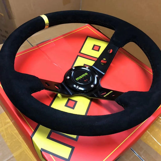 JDM 14” Universal Suede Racing Steering Wheel – MOMO Style for VW, Honda, Toyota, BMW, Nissan