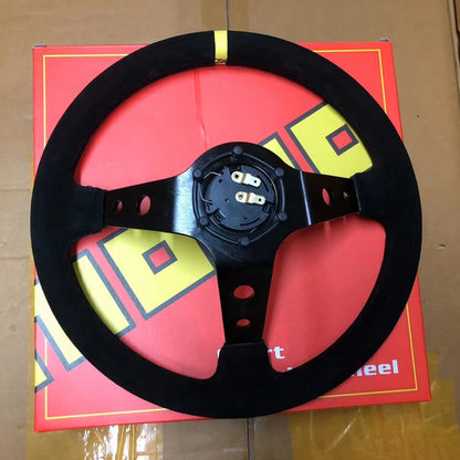 JDM 14” Universal Suede Racing Steering Wheel – MOMO Style for VW, Honda, Toyota, BMW, Nissan