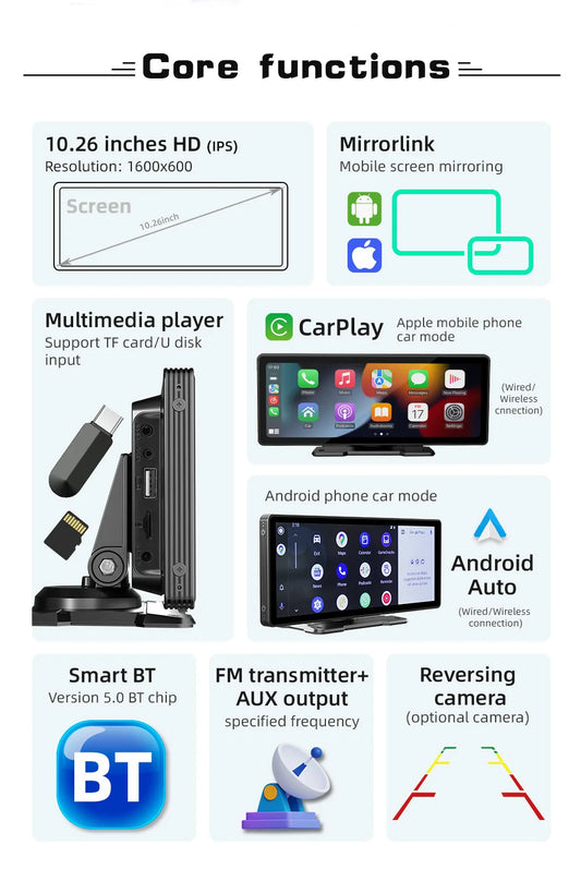BQCC 10.26” Universal Car Multimedia Screen with Wireless CarPlay & Android Support